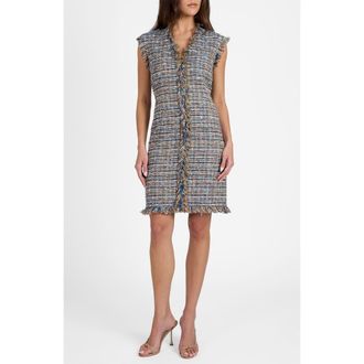Santorelli Tuscany Cap Sleeve V-Neck Sheath Tweed Dress in Indigo at Nordstrom, Size 12