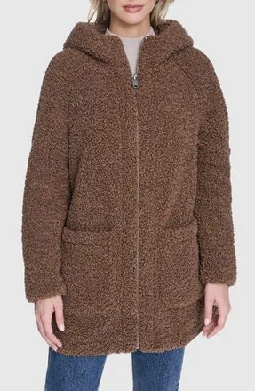 Andrew Marc Seneca Faux Shearling Hooded Jacket in Walnut at Nordstrom Rack, Size X-Small