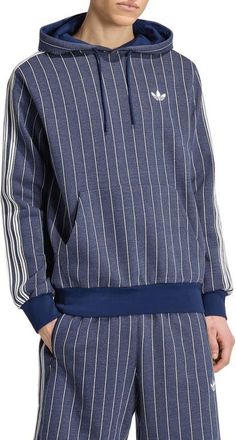 adidas Pinstriped Graphic Hoodie in Night Indigo at Nordstrom, Size X-Small