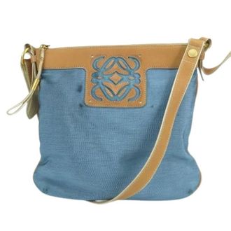 Loewe Pre-owned Cross Body Bags, female, Blue, Size: ONE SIZE Pre-owned Anagram Nylon Leather Shoulder Bag