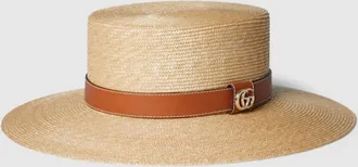 Gucci Straw Hat With Leather Detail, Size Medium