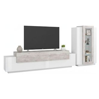 Dmora Mueble De Sal&oacute;n Modular, Made In Italy, Con Luz Led Blanca, Mueble Para Tv Y Vitrina, Conjunto De Sal&oacute;n Moderno, 290x45h121 Cm, Blanco Brillante Y Col