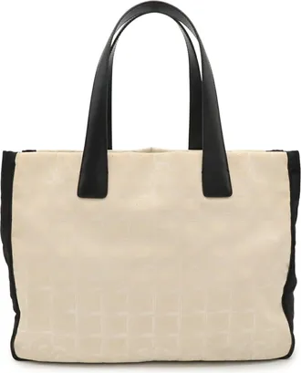 Chanel Beige Black Nylon Jacquard Leather Shoulder Bag Tote Bag (Pre-Owned)
