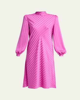 Valentino Garavani V-Logo Striped Silk Puff-Sleeve Shift Dress