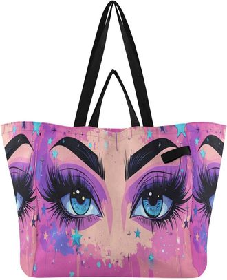 Generic Pink Eye Stars print Reusable Canvas Tote Bag, Heavy Duty Grocery Shopping Bag with Hard Bottom Double Handles Large Capacity Work Groceries Travel