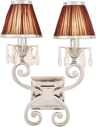 Loops Esher Luxury Twin Curved Arm Traditional Wall Light Nickel Crystal Brown Shade