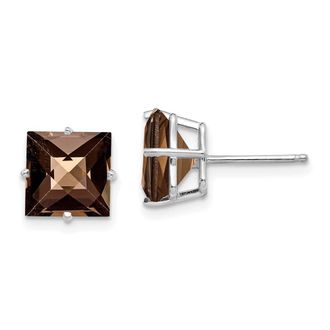 Diamond2Deal 14kw Princess 4-Prong 8.0mm Checker-Cut Smoky Quartz Earrings