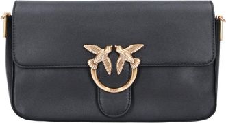 Pinko Black Leather Love Birds Flap Shoulder Bag