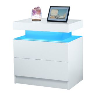 STILVORA Mesita De Noche Con 2 Cajones Y 1 Hueco Abierto Con Led Ajustable Para Dormitorio Y Sal&oacute;n, En Madera De Ingenier&iacute;a, Blanco