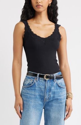 Open Edit Lace Trim Ribbed Tank in Black at Nordstrom, Size Xx-Small