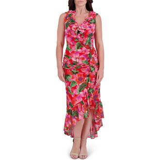 Kensie Print Ruffle High-Low Maxi Dress in Red Multi at Nordstrom Rack, Size 16