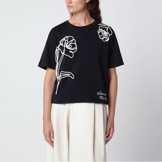 Max Mara Black T-shirt in cotton with floral embroidery
