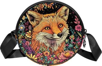 Generic Circle Crossbody Bag for Women, Retro Fox Pattern Small Sling Bag Daypack with Zipper Adjustable Shoulder Straps Casual Ladies Girls Round Purse