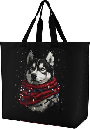 Generic Husky Dog Wearing Scarf Christmas Large Reusable Shopping Bag Lightweight Foldable Tote Bags Washable Shoulder Handbag