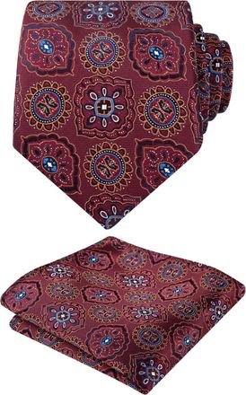 Alizeal Mens Floral Tie and Hanky Unique Classic for Wedding Party Prom Necktie Set, Maroon+Orange+Blue