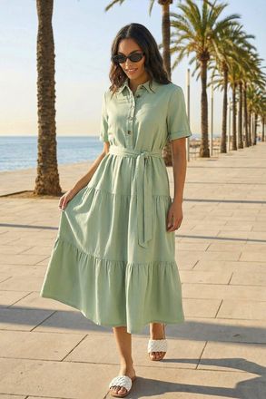 Roman Button Detail Tiered Midi Dress