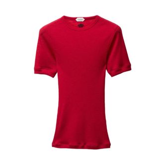 Versace Round-neck Knitwear, female, Red, Size: 2XS Embroidered Wool Ribbed Knit T-Shirt