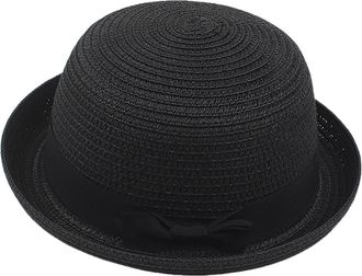 Generic Lady Boater Sun Caps Classic Vintage Ribbon Round Flat Top Straw Beach Hat Retro Summer-Wide-Brim Hats for Women with Band Outdoor Black One Size