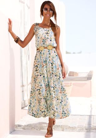 Buffalo Midikleid BUFFALO, Damen, Gr. 34, N-Gr, blau (creme, blau bedruckt), Web, Obermaterial: 100% Viskose, bedruckt, gebl&uuml;mt, figurumspielend kn&ouml;chelfrei, 