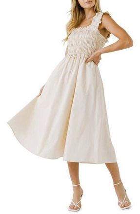 English Factory Ruffle Strap Cotton Midi Dress in Beige at Nordstrom Rack, Size Medium