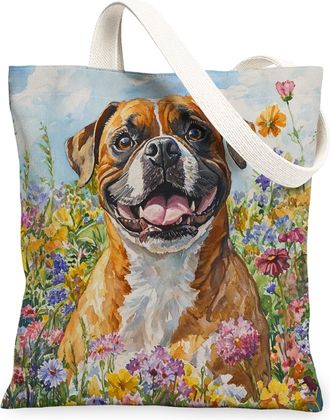 Generic Spring Boxer Dog Canvas Tote Bag for Shopping 13x15, Oil Painting Wildflower Puppy Reusable Grocery Print Pattern Bag for Women, Fun Pet Beach Aesthet