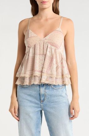 Madden Girl Lace Trim Tiered Babydoll Camisole in Tan Combo at Nordstrom Rack, Size X-Large