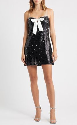 Emerald Sundae Sequin & Faux Pearl Cocktail Minidress in Black /Ivory at Nordstrom, Size X-Small