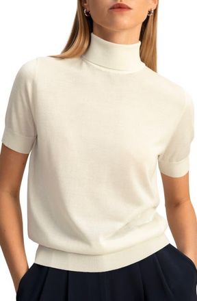LilySilk High Neck Short Sleeves Silk Knitted Sweater in White at Nordstrom, Size Small