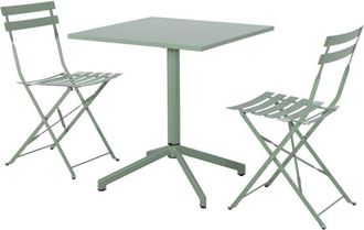 Sweeek Square folding metal garden table + 2 seats Sage Green 70x70x74 cm - Chiara