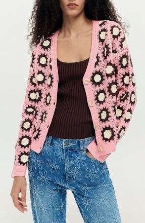 Desigual Granny Square Cotton Blend Crochet Cardigan in Dark Pink at Nordstrom, Size X-Large