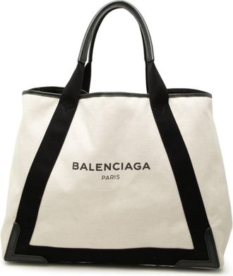 Balenciaga Black Ivory Canvas Leather Handbag Tote Bag (Pre-Owned)
