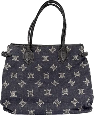 Celine Navy White Denim Leather Handbag Tote Bag (Pre-Owned)