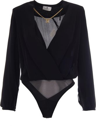 Elisabetta Franchi Long-Sleeved Georgette Bodysuit with Structured Shoulders and Pleated Detailing