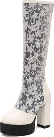 Generic Womens High Heeled Long Boots with Zipper PU Leather Knee High Boots Round Toe Platform Boot,White,10.5 UK