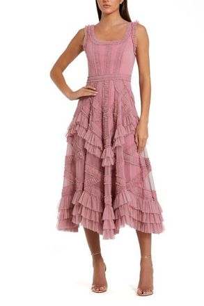 Mac Duggal Petite Scoop Neck Sleeveless Mesh Micro Ruffle Midi Dress in Antique Rose at Nordstrom, Size 14