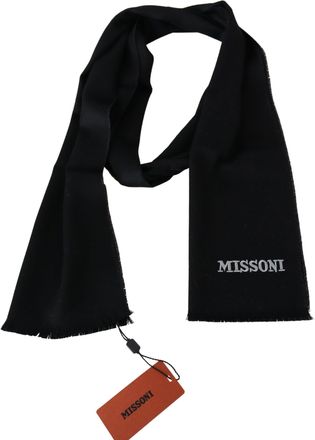 Missoni Mens Black Wool Unisex Neck Wrap Fringes Logo Scarf