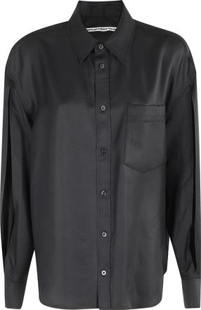 Alexander Wang Zwarte zijden knoopshirt met cropped mouwen - Dames - Overhemden - Zwart - XS - Overhemden