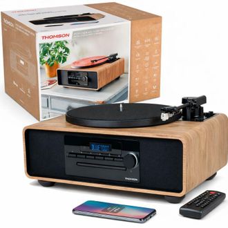 Thomson Mic300tt micro catena 60w bluetooth 5.0 con giradischi integrato - lettore cd de, radio fm, usb lettore (mp3) - telecomando - colore legno/nero