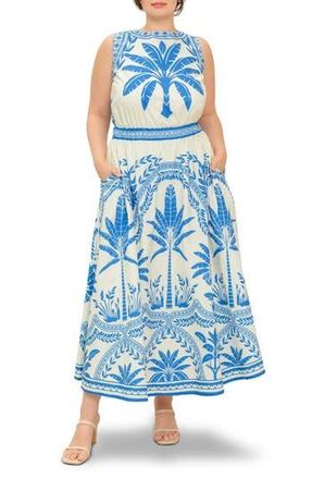Flying Tomato Palm Print Cotton Midi Dress in Ivory Blue at Nordstrom Rack, Size 2 X