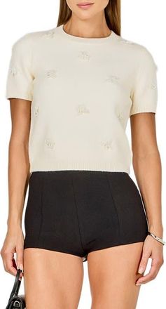 endless rose Faux Pearl Trim Short Sleeve Sweater in Cream at Nordstrom, Size X-Small