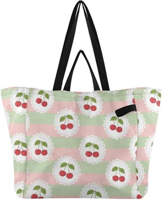 Generic Cherries Pink pattern Reusable Canvas Tote Bag, Heavy Duty Grocery Shopping Bag with Large Capacity Hard Bottom Double Handles Work Groceries Travel