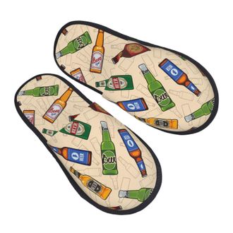 Generic Fuzzy Slippers Beer Bottles Seamless Pattern Cozy Fleece Slippers Soft Anti-Slide Slipper For Travel Ladies Hotel L