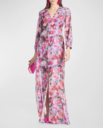 Sachin & Babi Penny A-Line Floral-Print Chiffon Gown