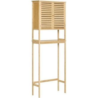 Kleankin Mueble De Bamb&uacute; Sobre Inodoro Armario Alto Para Lavadora Con 2 Puertas 1 Balda Interior Y 1 Estante De Almacenaje Para Ba&ntilde;o 60x23x173 Cm