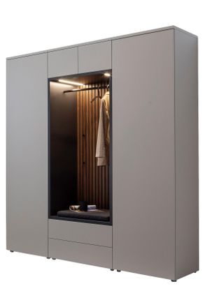 Moderano Garderobe, Anthrazit, Grau, Nussbaumfarben, Holz, Textil, Holzwerkstoff, 5-teilig, Nussbaum, furniert, 196x233x59 cm, Handmade in Germany, Garderobe, 