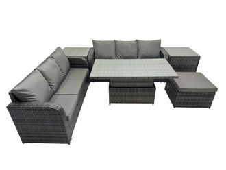 Fimous Rattan Garden Furniture Dining Set 7-seater with 2 Side Table in Dark Grey
