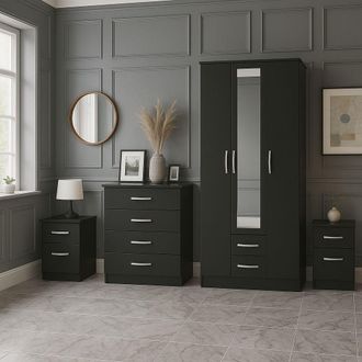 Birlea Black Wooden 4 Piece Furniture Set Wardrobe Chest of Drawers Bedsides Lynx