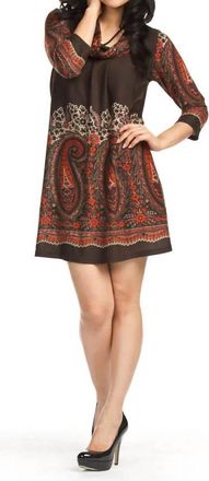 Papillon Paisley Print Cowl Neck Pleated Front Dress In Brown