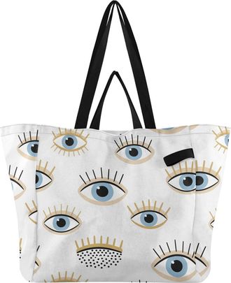 Generic Evil Eyes Golden print Reusable Canvas Tote Bag, Heavy Duty Grocery Shopping Bag with Large Capacity Double Handles Hard Bottom Work Groceries Travel
