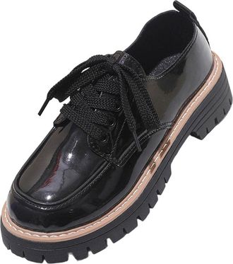 Generic Black Ladies Fashion Round Toe Shoes with Shiny Finish and Lace Up Design for Versatile Outdoor Wear in Summer and Fall